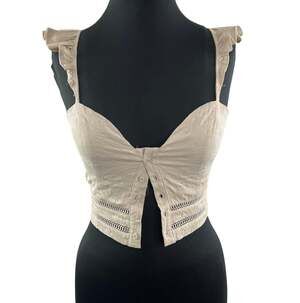 Rumor Beige Crop Top Smocked Sweetheart Button-Up Flutter Ruffle Sleeve Sz 8 NEW